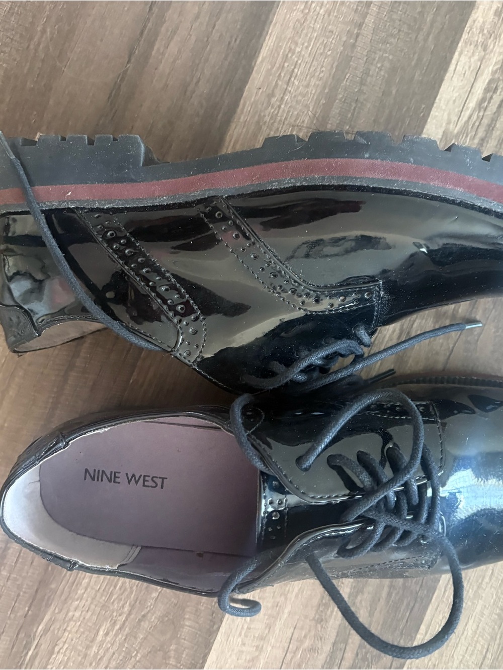 Nine West Men’s Black Patent Leather Lace-Up Oxfords with Red Trim